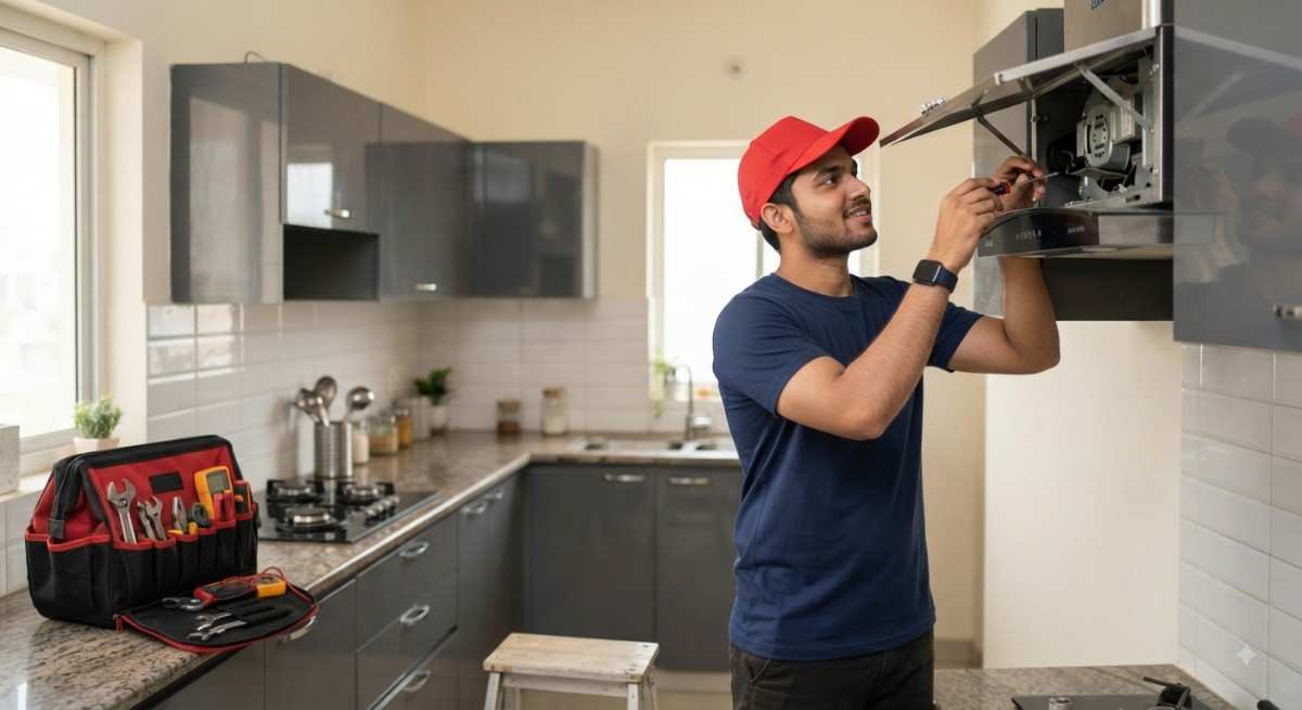 Glen service centre Hyderabad technician repairing a Glen kitchen appliance at a customer's home