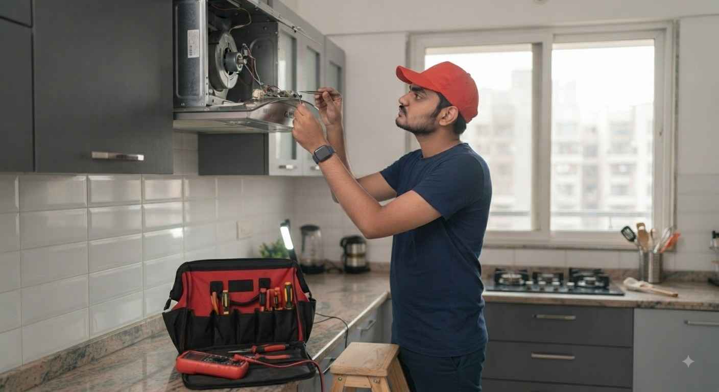 Glen service centre Navi Mumbai technician repairing a Glen kitchen appliance at a customer's home